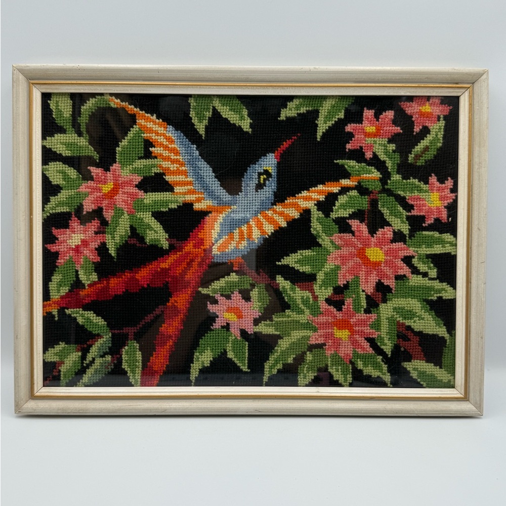 Vintage  Framed cross-stitch of birds and flowers 11x15”